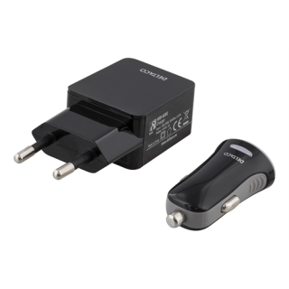 Phone charger DELTACO 240V, 1A & 10-18V auto, 0,45A, lightning, micro, black / USB-ACDC