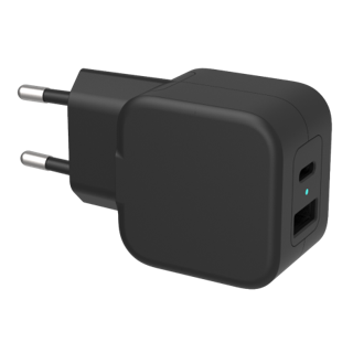 USB wall charger DELTACO 1x USB-A 18 W, 1x USB-C PD 20 W, black / USBC-AC148