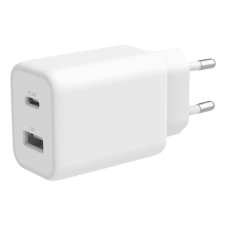 USB wall charger DELTACO 1x USB-A 18 W, 1x USB-C PD 30 W, PPS, white / USBC-AC145