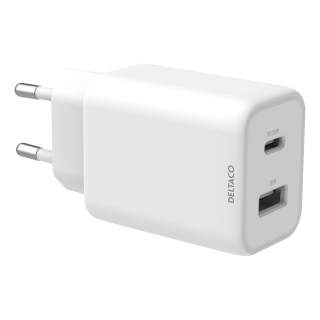 USB wall charger DELTACO 1x USB-A 18 W, 1x USB-C PD 30 W, PPS, white / USBC-AC145