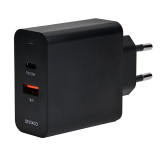 USB wall charger DELTACO with dual ports and PD, 1x USB-A, 1x USB-C, PD, 36W, black / USBC-AC137