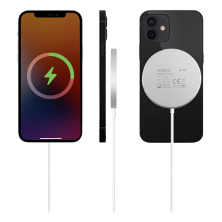 Wireless charger DELTACO with magnetic snap function, suitable for Apple iPhone 12/13, 1 m, white / QI-1034