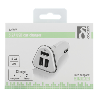 Car charger DELTACO, 5,2A, 3xUSB  white/silver / USB-CAR102