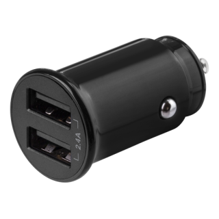 DELTACO 12/24 V USB car charger with compact size and dual USB-A ports, 2.4 A, 12 W, black USB-CAR124