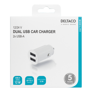DELTACO 12/24 V USB car charger with compact size and dual USB-A ports, 2.4 A, 12 W, white USB-CAR125