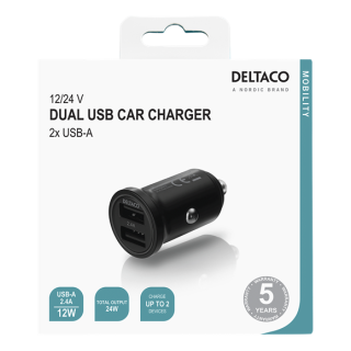 DELTACO 12/24 V USB car charger with dual USB-A ports, 24 W black  USB-CAR127