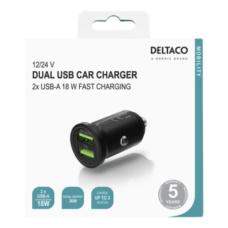 DELTACO 12/24 V USB car charger with dual USB-A ports, 36 W, black  / USB-CAR128