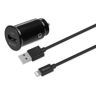 USB car charger DELTACO with detachable USB-C to Lightning cable, 12 W, 1m cable, MFI, black / USB-CAR130
