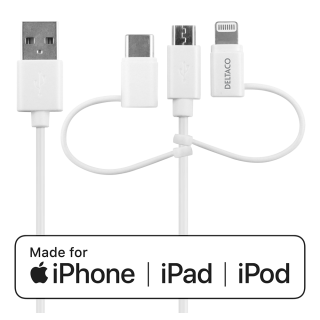 Cable DELTACO USB-C / Micro USB / Lightning to USB-A, 1m, Apple C189 chipsetm FSC-labeled packaging, white / IPLH-441