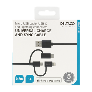 Universal cable DELTACO 0,5m, Micro USB, USB-C, Lightning / IPLH-154