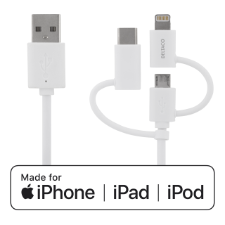 Universal charging and sync cable DELTACO 2m, Micro USB, USB-C, Lightning, white / IPLH-181