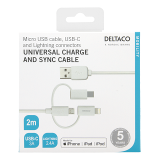 Universal charging and sync cable DELTACO 2m, Micro USB, USB-C, Lightning, white / IPLH-181