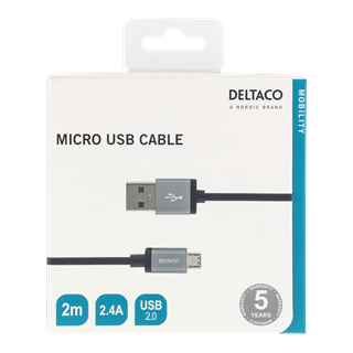 USB Sync/Charging Cable, braided, USB-A ma - USB Micro B ma, 2m, 2.4A, USB 2.0 DELTACO black / MICRO-113F