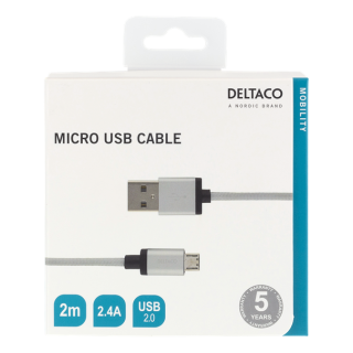 USB Sync/Charging Cable, braided, USB-A ma - USB Micro B ma, 2m, 2.4A, USB 2.0 DELTACO / MICRO-115F