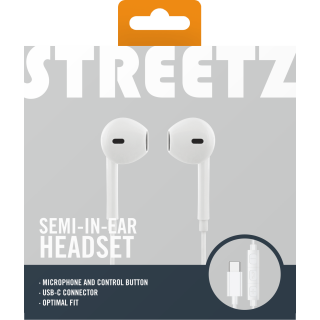 Semi-in-ear earphones STREETZ 3-button, USB-C, white / HL-W111