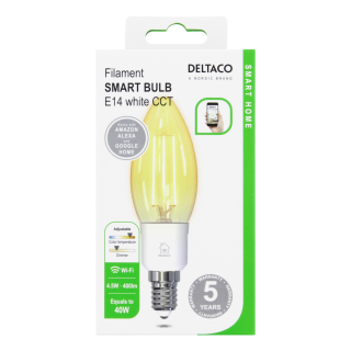 DELTACO SMART HOME LED filament lamp, E14, WiFI 2.4GHz, 4.5W, 400lm, dimmable, 1800K-6500K, 220-240V, white SH-LFE14C35