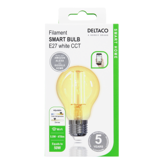DELTACO SMART HOME LED filament lamp, E27, WiFI 2.4GHz, 5.5W, 470lm, dimmable, 1800K-6500K, 220-240V, white SH-LFE27A60