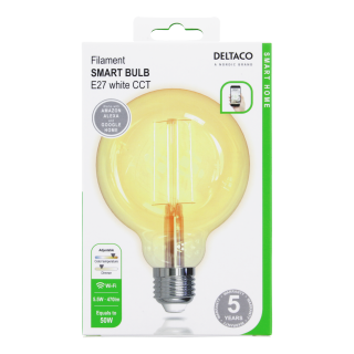 DELTACO SMART HOME LED filament lamp, E27, WiFI 2.4GHz, 5.5W, 470lm, dimmable, 1800K-6500K, 220-240V, white  SH-LFE27G95