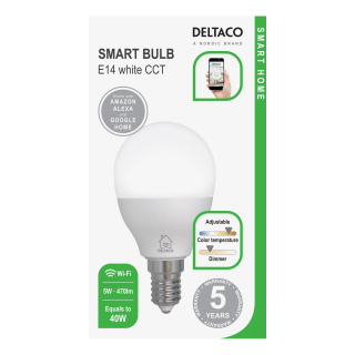 DELTACO SMART HOME LED lamp, E14, WiFI 2.4GHz, 5W, 470lm, dimmable, 2700K-6500K, 220-240V, white / SH-LE14G45W