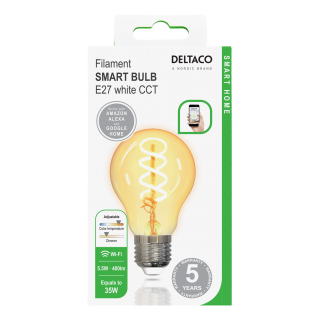 DELTACO SMART HOME Spiral LED filament lamp, E27, WiFI 2.4GHz, 5.5W, 470lm, dimmable, 1800K-6500K, 220-240V, SH-LFE27A60S