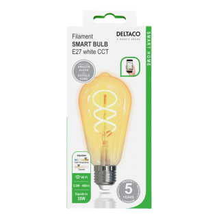 DELTACO SMART HOME Spiral LED filament lamp, E27, WiFI 2.4GHz, 5.5W, 470lm, dimmable, 1800K-6500K, 220-240V, white SH-LFE27ST64S