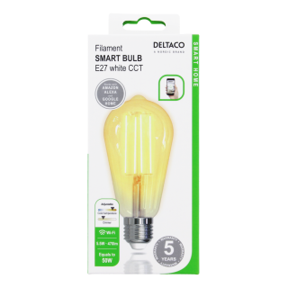 LED filament lamp DELTACO SMART HOME E27, WiFI 2.4GHz, 5.5W, 470lm, 1800K-6500K, 220-240V, white / SH-LFE27ST64