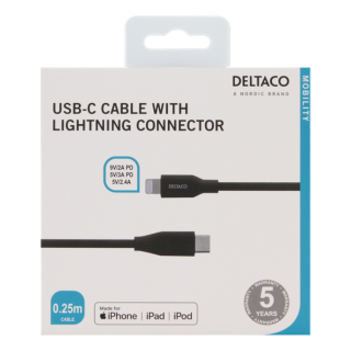 DELTACO USB-C to Lightning cable, 0.25m, 9V / 2A PD, 5V / 3A PD, 5V / 2.4A, USB 2.0, black / IPLH-301M