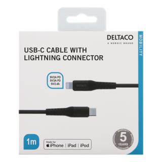 DELTACO USB-C to Lightning cable, 1m, 9V / 2A PD, 5V / 3A PD, 5V / 2.4A, cloth covered, USB 2.0, black / IPLH-313M