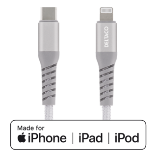 DELTACO USB-C to Lightning cable, 1m, 9V / 2A PD, 5V / 3A PD, 5V / 2.4A, cloth covered, USB 2.0, silver / IPLH-312M