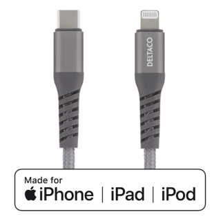 DELTACO USB-C to Lightning cable, 1m, 9V / 2A PD, 5V / 3A PD, 5V / 2.4A, cloth covered, USB 2.0, space gray / IPLH-314M