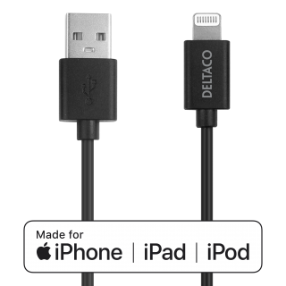 Lightning cable DELTACO USB-A -Lightning, 1m, Apple C189 chipset, MFi, FSC-labeled packaging, black / IPLH-411