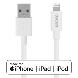 Lightning cable DELTACO USB-A -Lightning, 1m, Apple C189 chipset, MFi, FSC-labeled packaging, white / IPLH-401