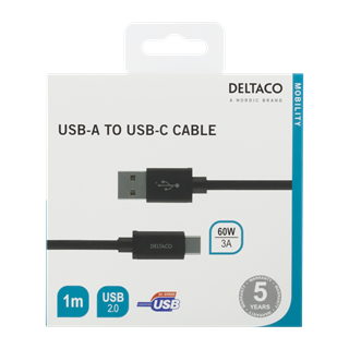 USB-A for USB-C cable, 1m, USB 2.0, braided, black DELTACO / USBC-1132M