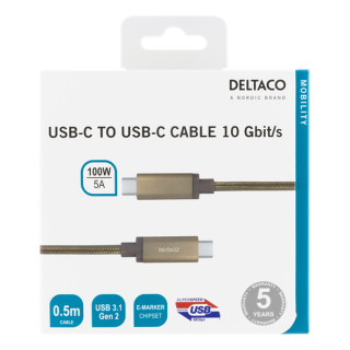 USB-C cable DELTACO 0.5m, "SuperSpeed", braided, USB 3.1 Gen 2, 10 Gbps, 100W / USBC-1421M