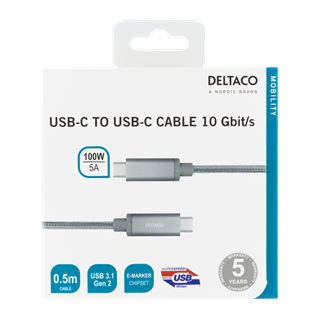 USB-C cable DELTACO ,,SuperSpeed", 0.5m, braided, USB 3.1 Gen 2, 10 Gbps, 100W, silver / USBC-1416M