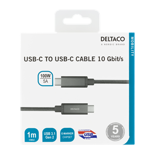 USB-C cable DELTACO SuperSpeed, 1m, braided, USB 3.1 Gen 2, 10 Gbps, 100W / USBC-1412M