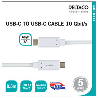 USB-C to USB-C cable 10 Gbit/s 0.5m, 60W, 3A DELTACO white / USBC-1126M