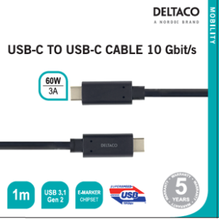USB-C to USB-C cable 10 Gbit/s 1m, 60W, 3A DELTACO black / USBC-1122M