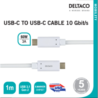 USB-C to USB-C cable 10 Gbit/s 1m, white DELTACO / USBC-1127M 