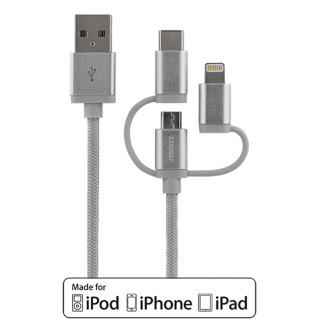 Phone cable STREETZ, USB-microUSB+Lightning+USB-C, 1.0m, silver / IPLH-585