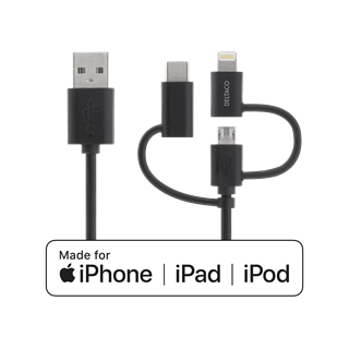 Universal Charge and Sync cable, 1m, Micro USB, USB-C, Lightning DELTACO black / IPLH-155