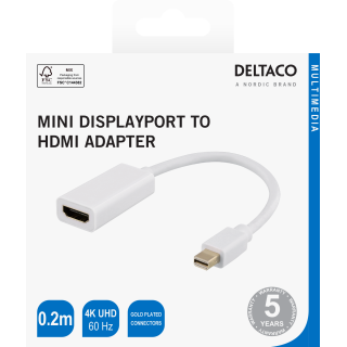 Adapter DELTACO miniDisplayPort, 4K UHD 60Hz, 0.2m, white / 00110025