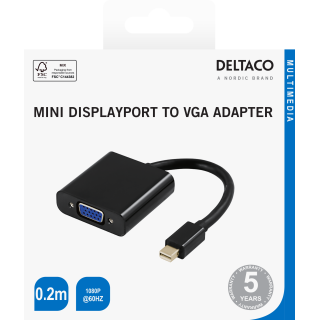 Adapter DELTACO VGA - miniDisplayPort, 1080p 60Hz, 0.2m, black / DP-VGA3-K / 00110026