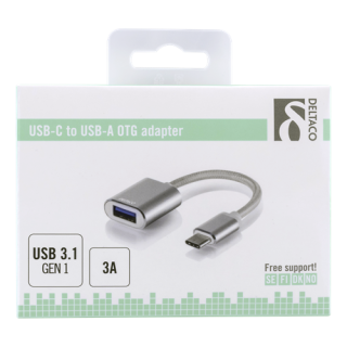 DELTACO USB-C 3.1 Gen 1 to USB-A OTG adapter, 3A, aluminum, silver / USBC-1276