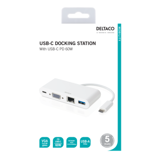 DELTACO USB-C docking station, VGA / USB-C / RJ45 / USB-A, 60W USB-C PD, white / USBC-VGA5