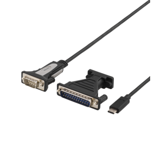 DELTACO USB-C to serial cable, RS-232, 1xDE9 ha, 1xUSB-C ha, incl. parallel adapter, 1.5m, black / USBC-1103