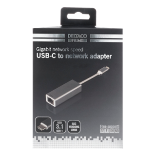 PRIME USB-C network adapter, Gigabit, 1xRJ45, 1xUSB-C male, aluminum, space gray DELTACO / USBC-GIGA5
