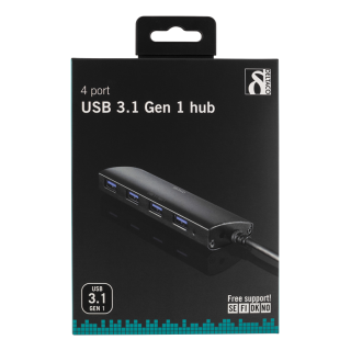 DELTACO USB 3.1 Gen 1 hub, 4xType A female, aluminum, 0.3m, black / UH-481