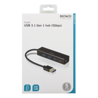 USB Mini Hub DELTACO with four USB-A ports, USB 3.1 Gen 1, black / UH-487