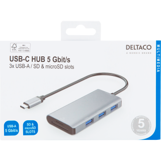 USB-C hub DELTACO USB-C 3.1 Gen 1, 3x USB-A, SD/mSD reader, spc grey / USBC-HUB200